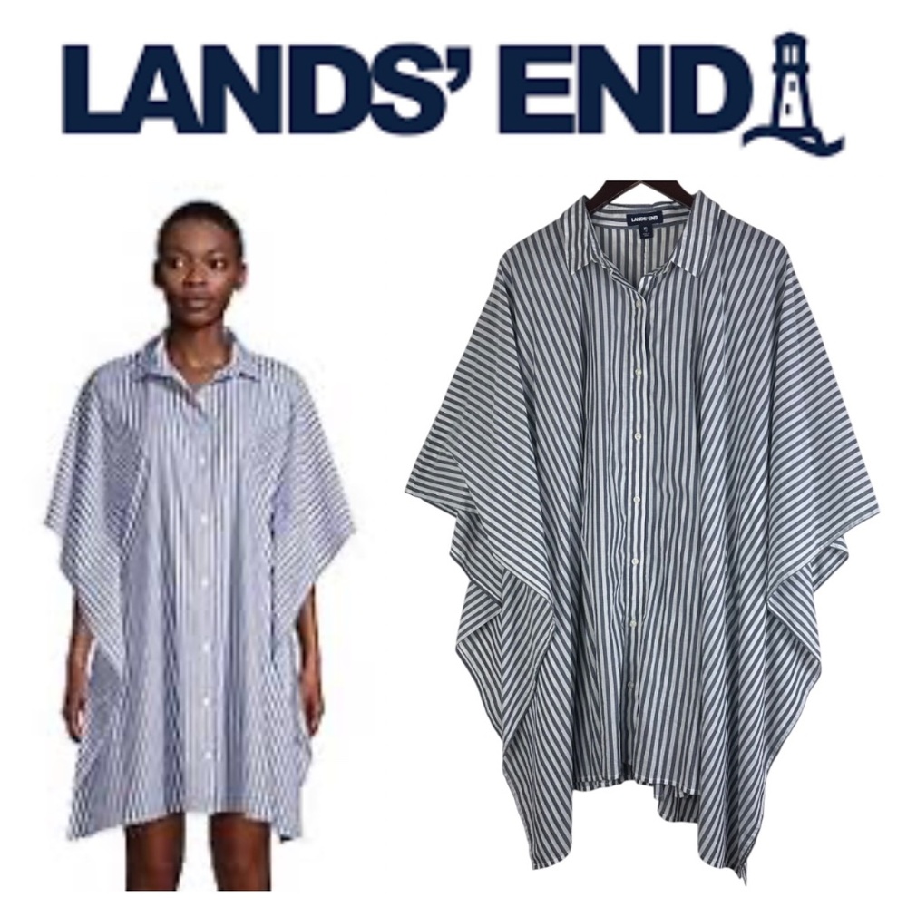 Lands End Sz XL 1X 18 Swim Cover Up Tunic Poncho Striped Blue White Cruise